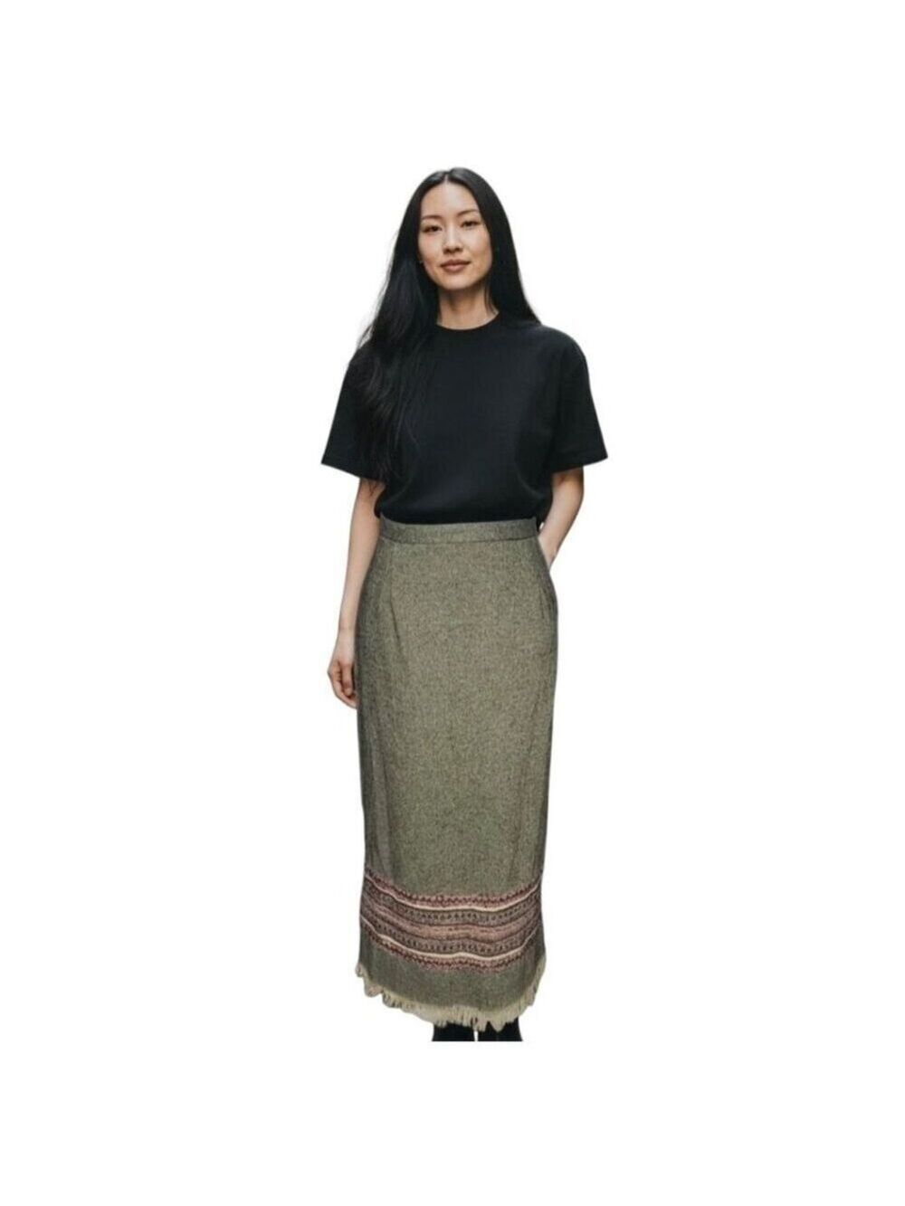 Vintage Sag Harbor Boho Embroidered Midi Fringe Skirt Wool Llama Size 16